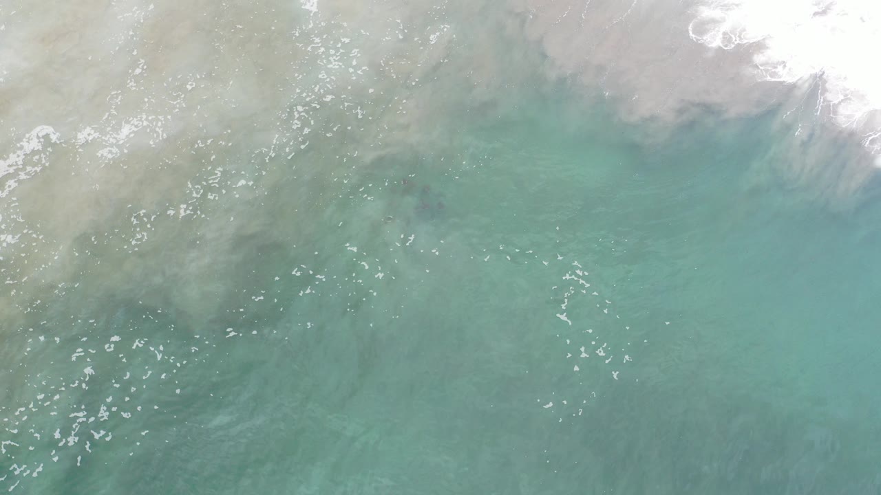 Overhead frame in Los Cabos, Mexico showing turquoise shallows, pale foam near the top edge, sun glints on the water, and a dark underwater turtle-like form with no visible people.