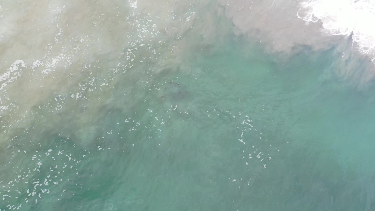 Aerial surf wash and turquoise water with submerged dark shape