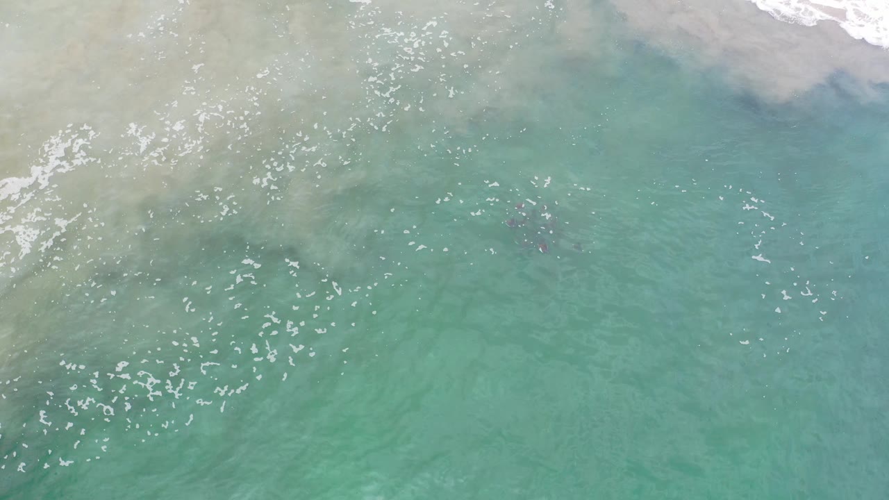 Top-down shallow water with foam band and faint dark shapes