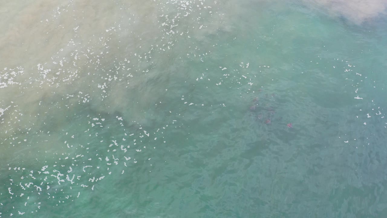 Turquoise shallow water and white foam over tan sand.