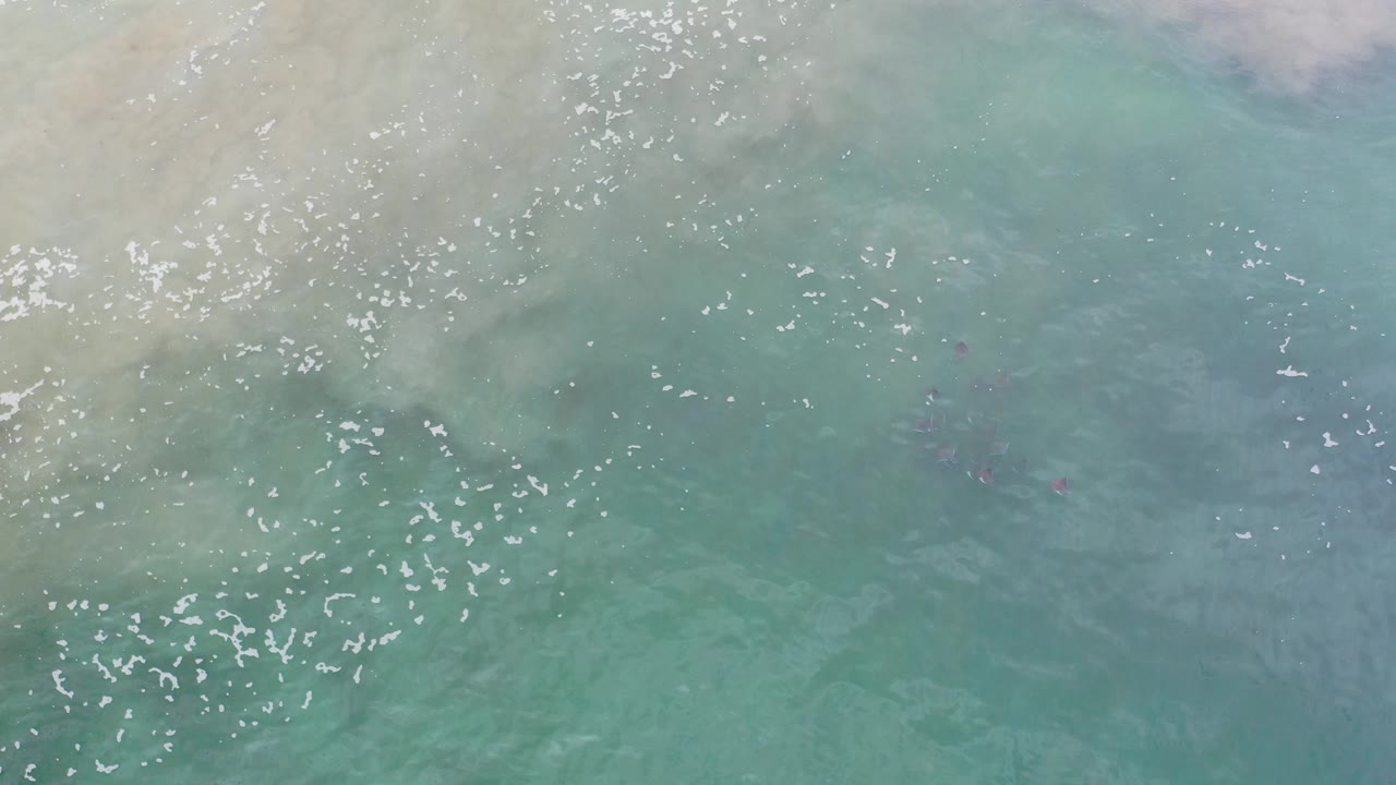 Shallow turquoise water with sandy clouding and foam specks.
