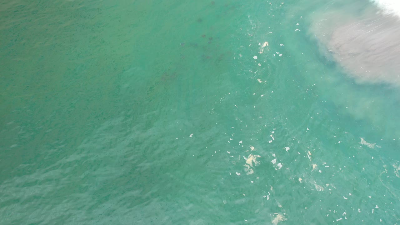 Overhead green ocean water with ripples and sun glints.