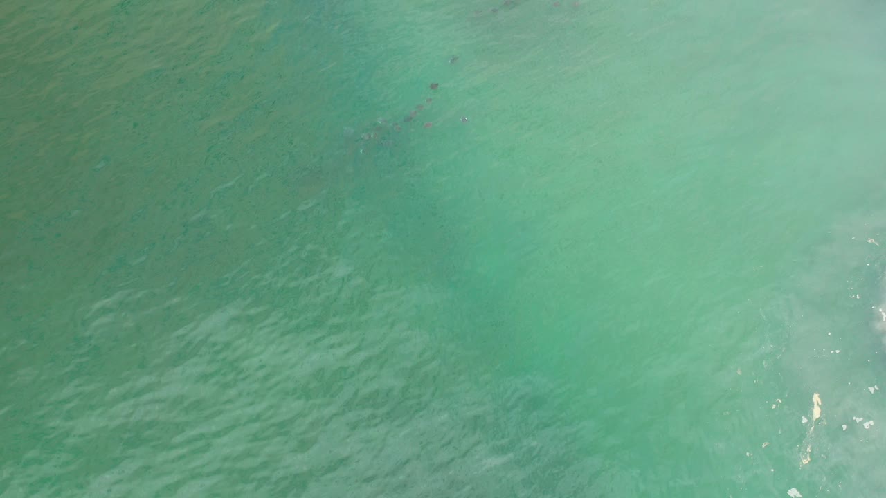 Overhead frame of clear green sea in Los Cabos, Mexico, with faint submerged sand texture and no visible people.
