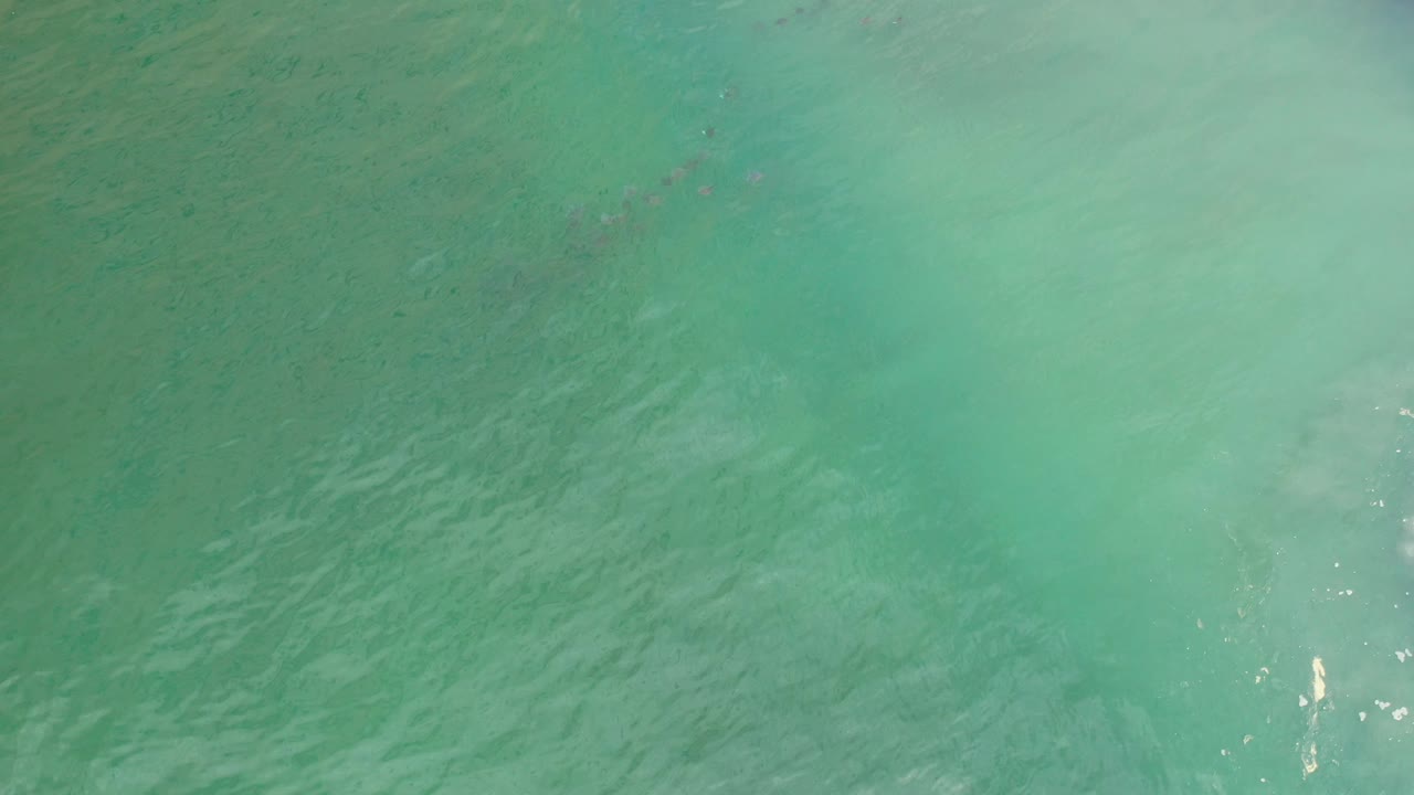 Shallow green sea with darker underwater patches and soft ripples.