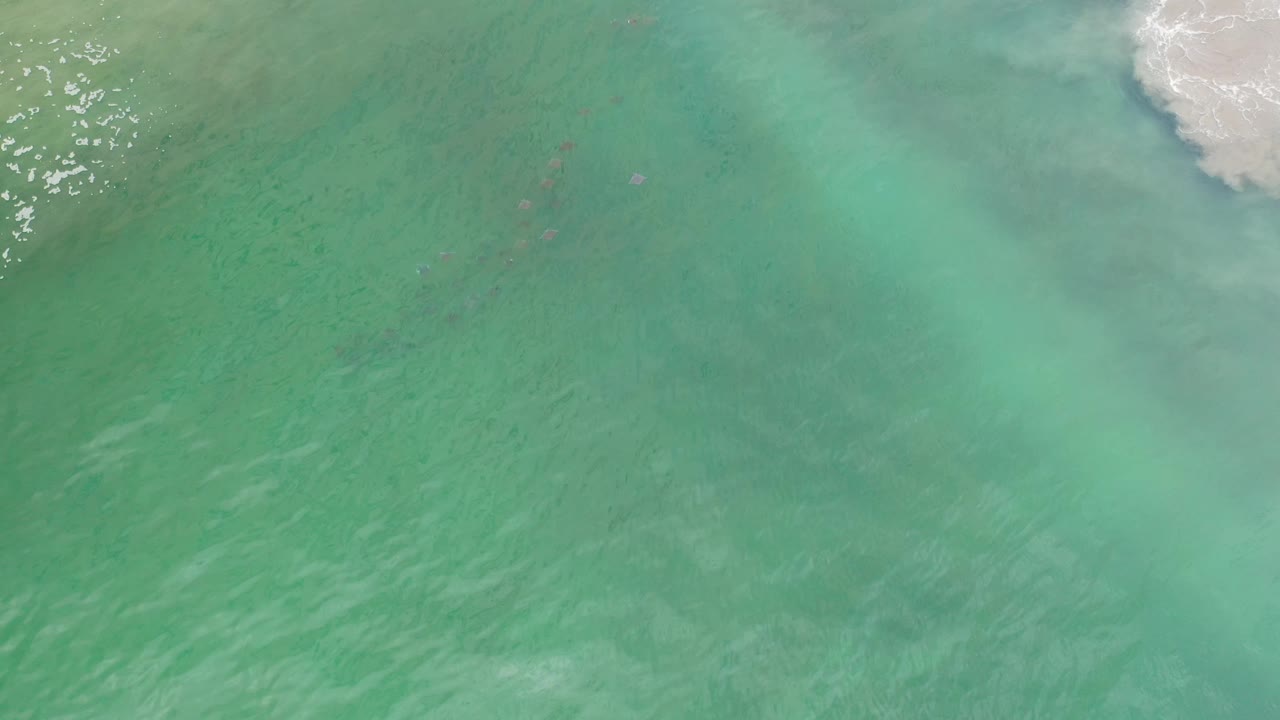 Overhead Los Cabos water frame with a pale foam patch high in the image, cloudy darker water below it, and no visible people.