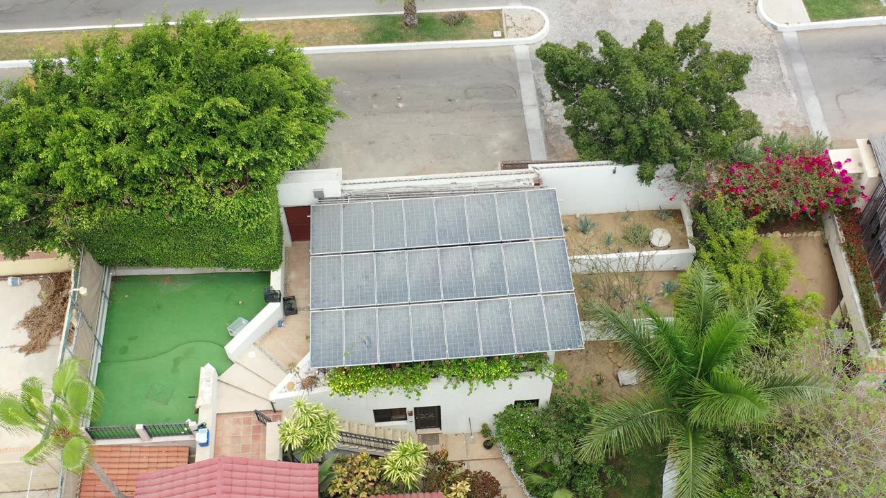 Aerial frame in Los Cabos, Mexico with the gray roof panels centered, the green courtyard left of the building, a road at the top, dense hedges, palms, and no visible people.