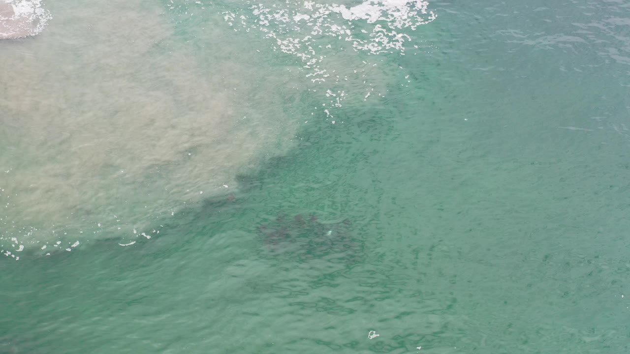 Overhead view of turquoise sea in Los Cabos, Mexico, with pale shallows entering from the upper left, scattered white sparkle on the water, and no visible people.