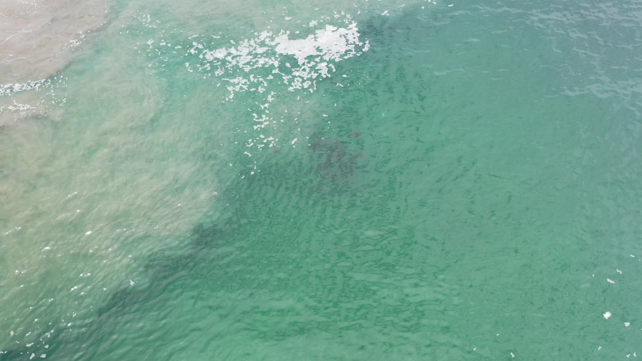 Overhead view of green-blue sea in Los Cabos, Mexico, with pale surf wash entering from the left, scattered white foam near the top, and no visible people.