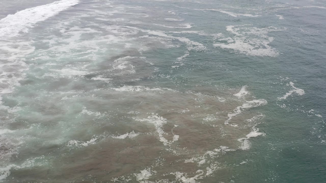 White wave foam spreads across translucent coastal water.