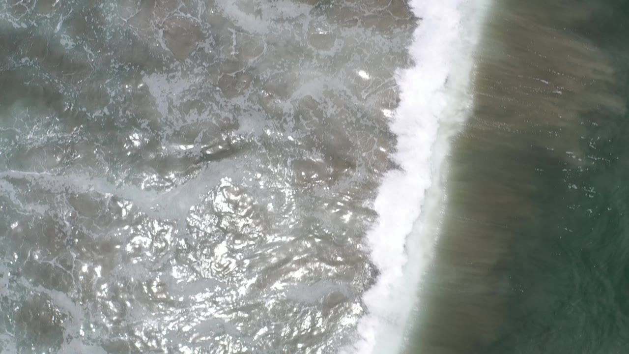 White surf advances beside darker green ocean water.