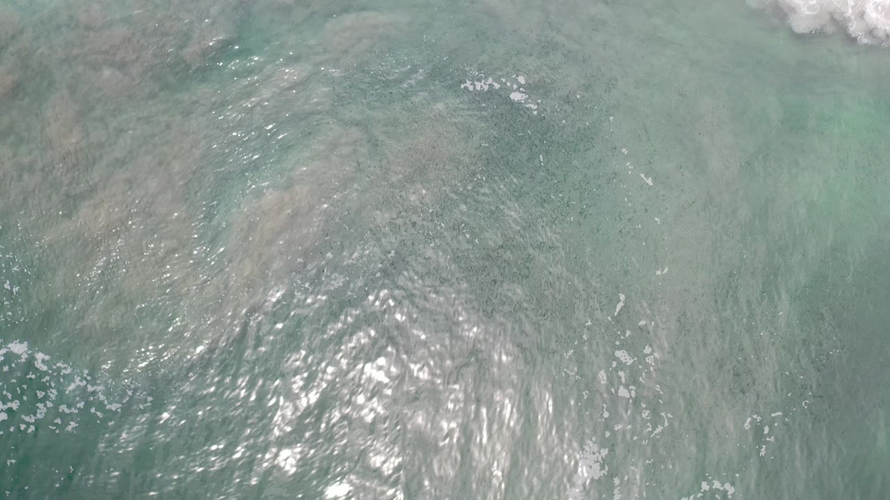 Overhead green-blue ocean with scattered bubbles and soft reflected light.