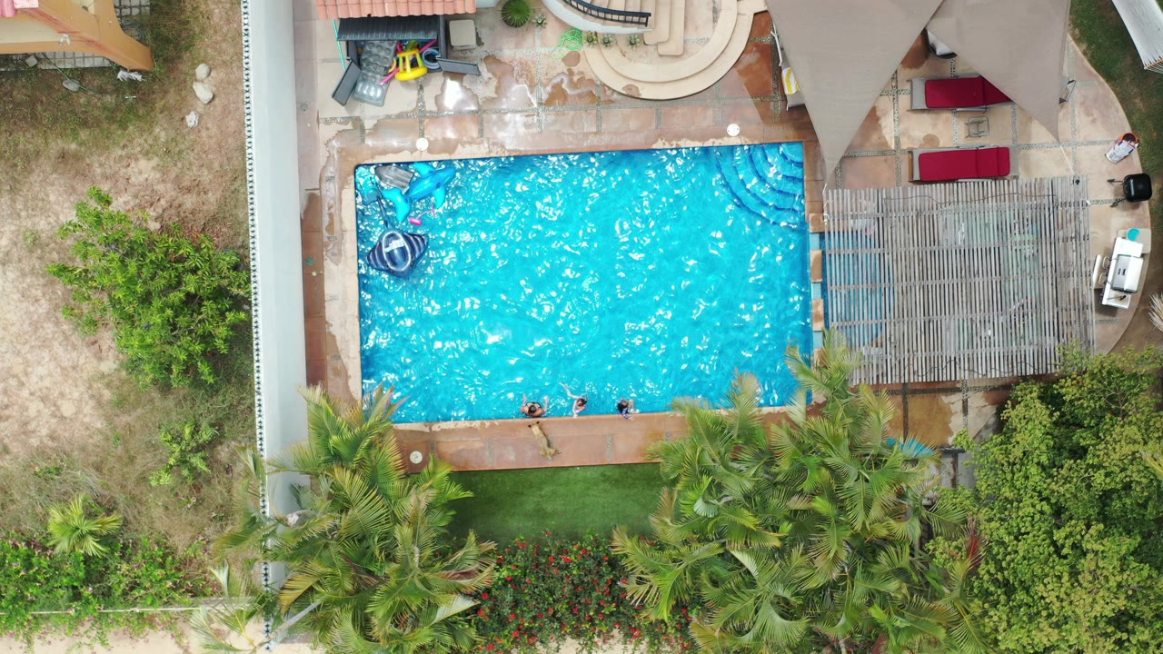 Top-down view in Los Cabos, Mexico of a bright rectangular pool bordered by patio paving, palm trees, and residential yard areas, with small people visible near the pool edge.