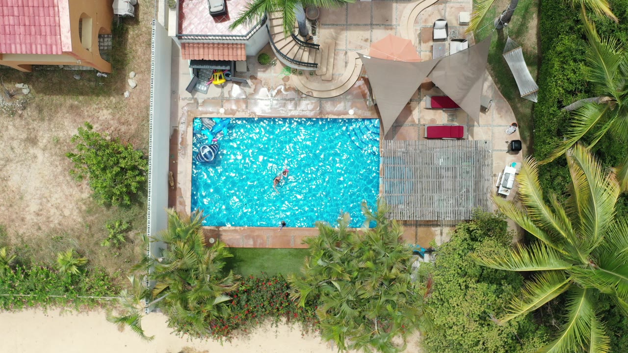 Overhead view of a residential swimming pool beside a house and palm trees.