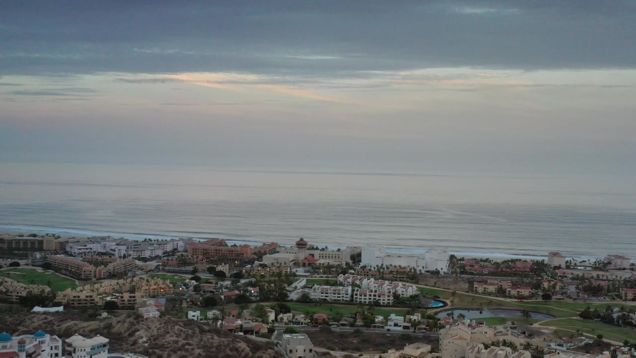 Ocean horizon behind clustered coastal buildings and palms.