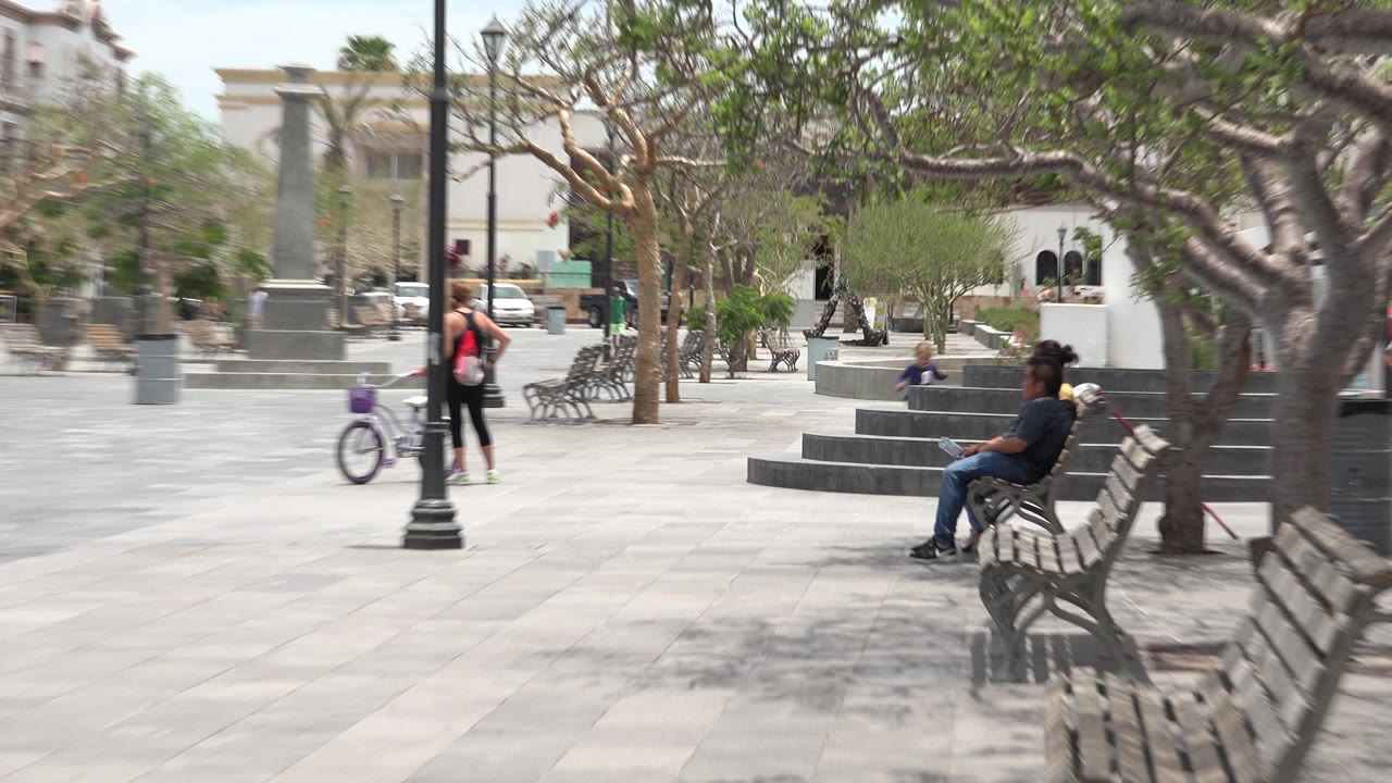 Los Cabos plaza view with a seated person on a bench, a purple bicycle farther back, pale paving, trees, benches, and dark circular steps in bright daylight.