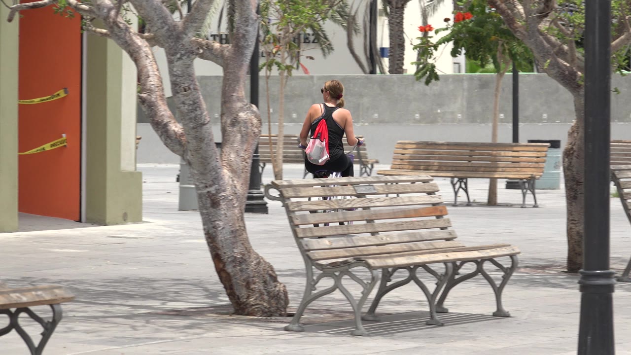 The woman continues riding through the Los Cabos park, partly framed by a tree trunk and a foreground bench with empty benches in the background.