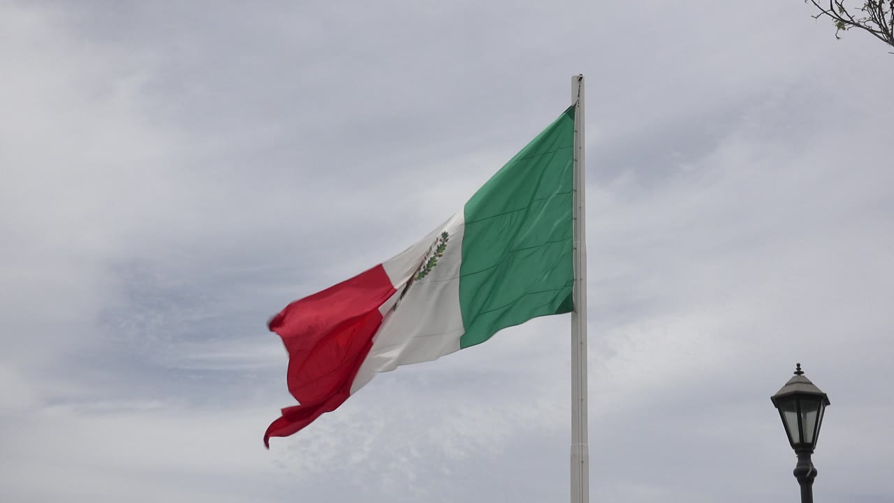 Mexican flag in Los Cabos, Mexico waves left from a tall white pole under gray cloud cover, with a black lamp post at the right edge and no visible people.