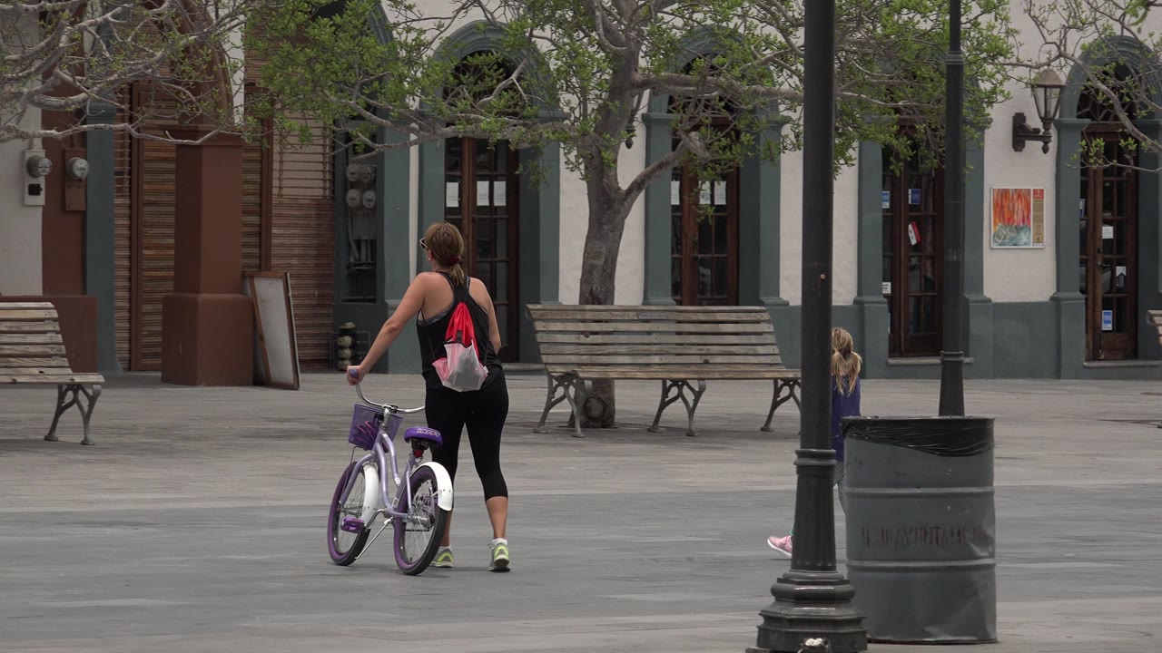 Adult walking a purple bicycle across a paved plaza with benches behind.