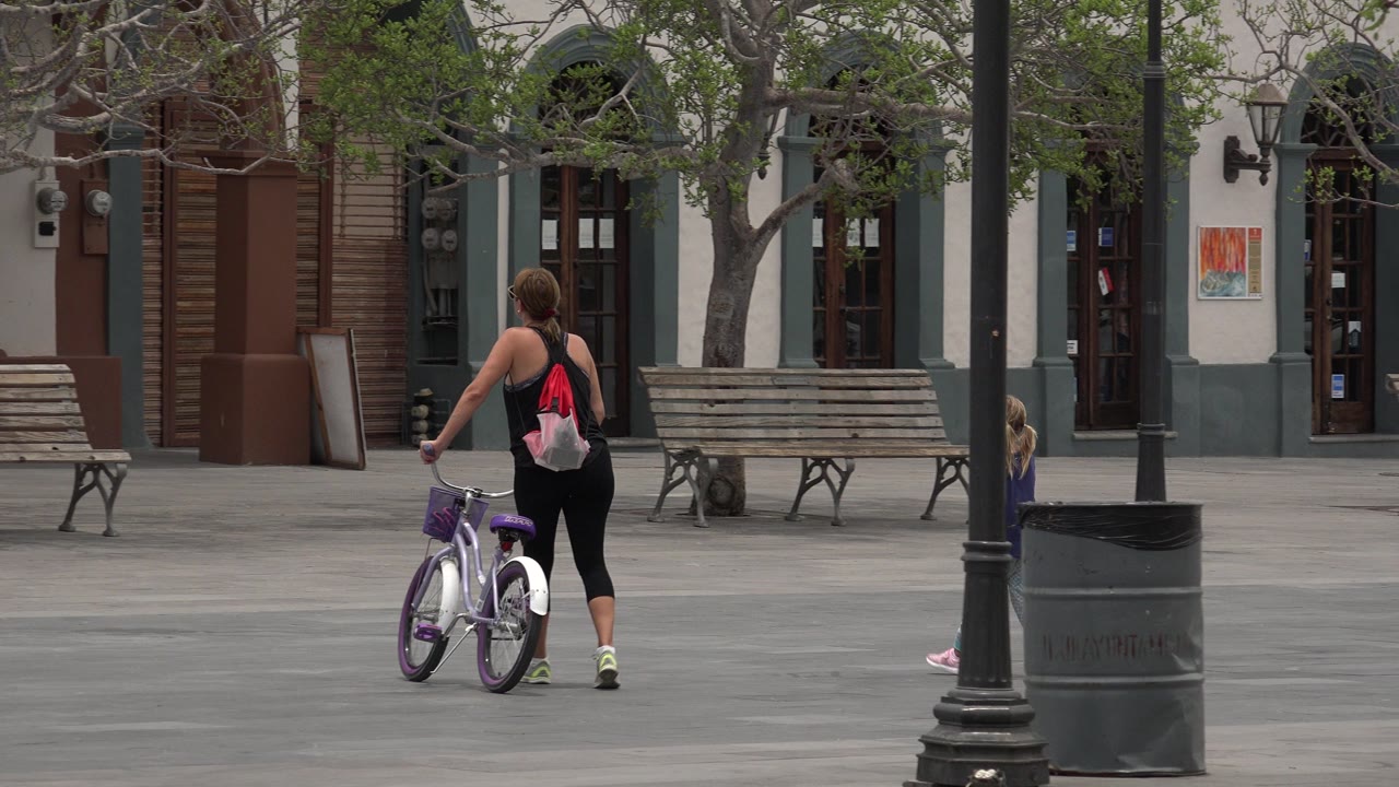 Adult with a purple bicycle moves farther across the paved area in Los Cabos, Mexico, while a child is partly visible near the right edge beside benches and trees.