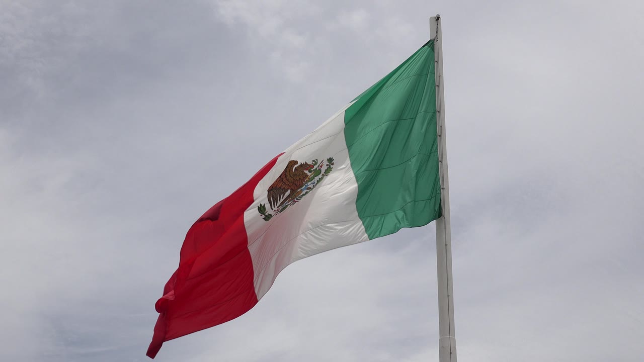 Mexican flag in Los Cabos arcs outward from the pole with the emblem partly visible and no visible people.