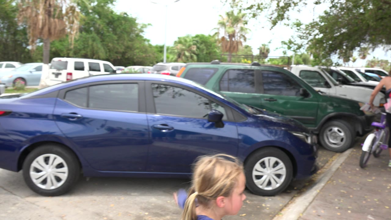 Young girl near parked cars as adults walk ahead with a bicycle.