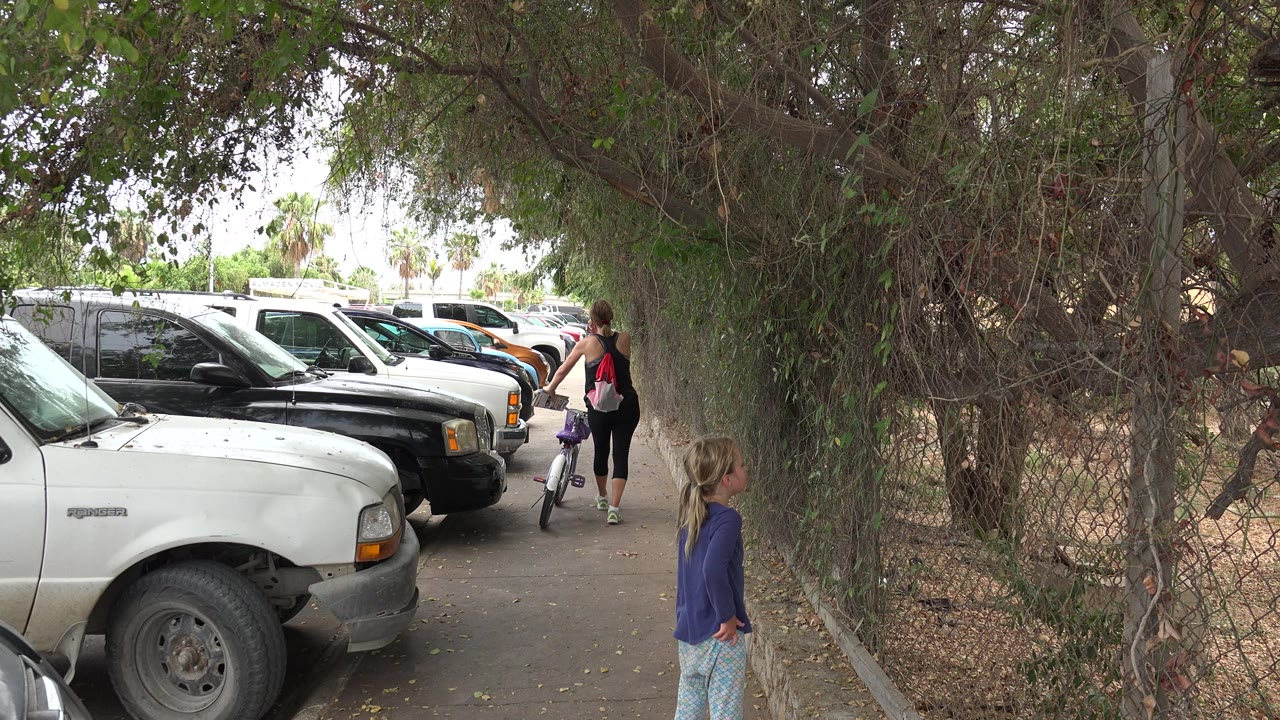 At 0:01, the woman and bicycle remain ahead on the sidewalk while the young girl lingers closer to camera near the fence and parked trucks in Los Cabos, Mexico.