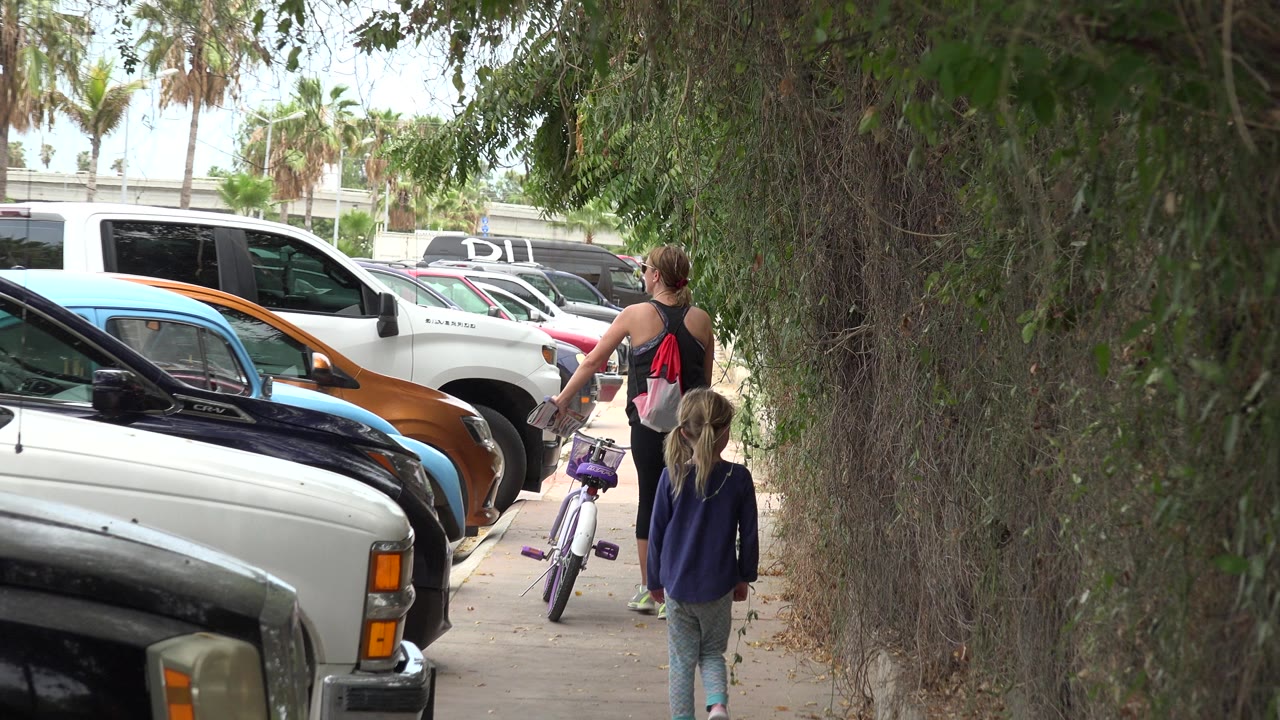 Woman and child walking beside parked cars with a purple bicycle under trees.