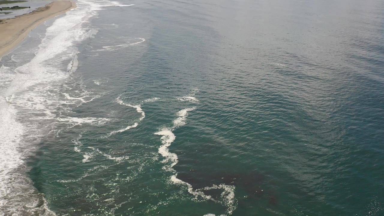 Aerial view of waves breaking beside a sandy beach.