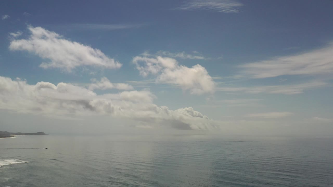 Cloudy blue sky over calm water with a small dark speck offshore.