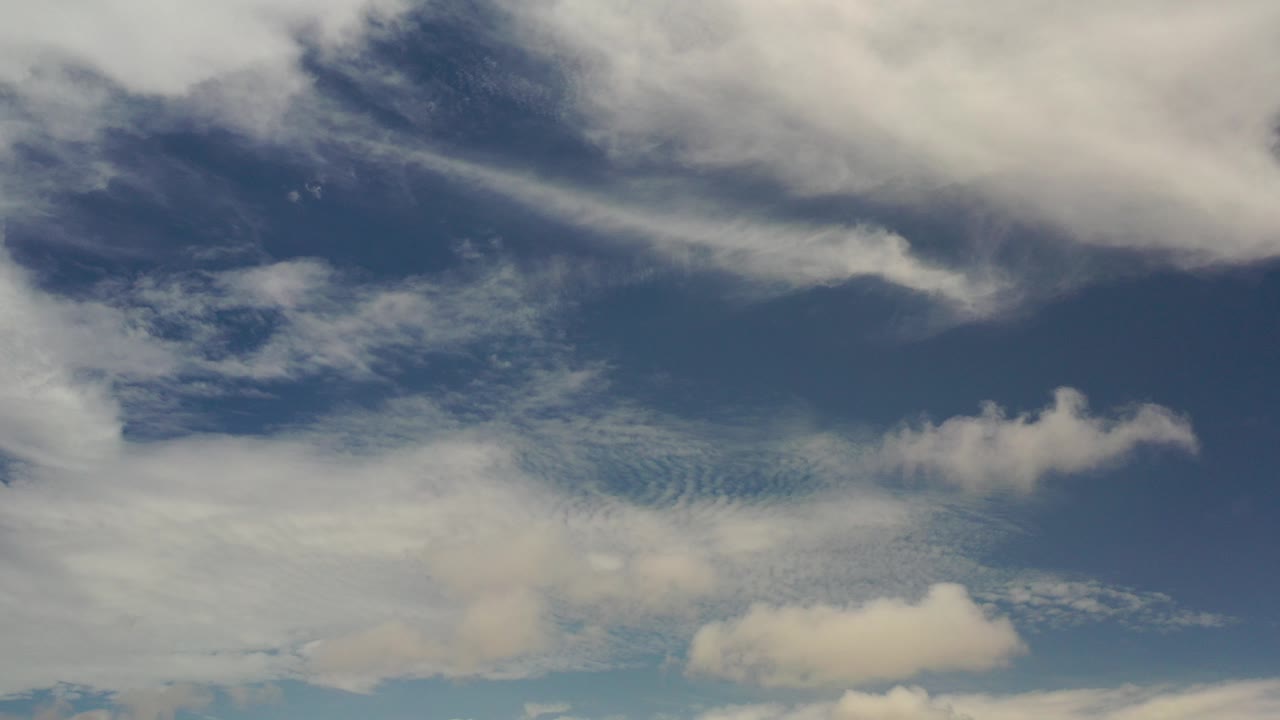 Opening frame of a Los Cabos blue sky filled with white and gray cloud bands, with no visible people.