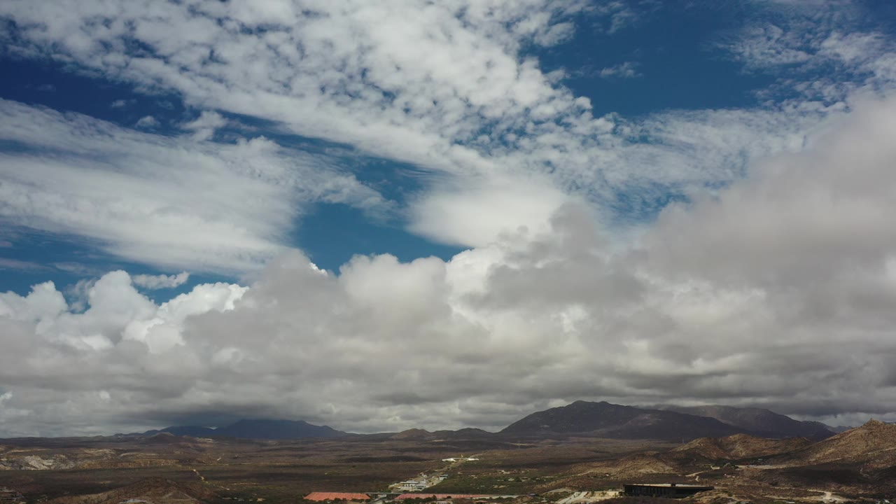 Partly cloudy sky over mountains and dry land.