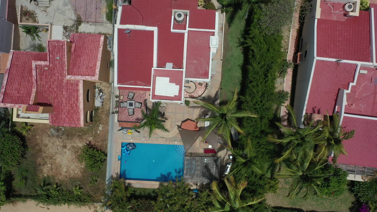 Overhead view of red-roofed homes and a blue pool beside palms.