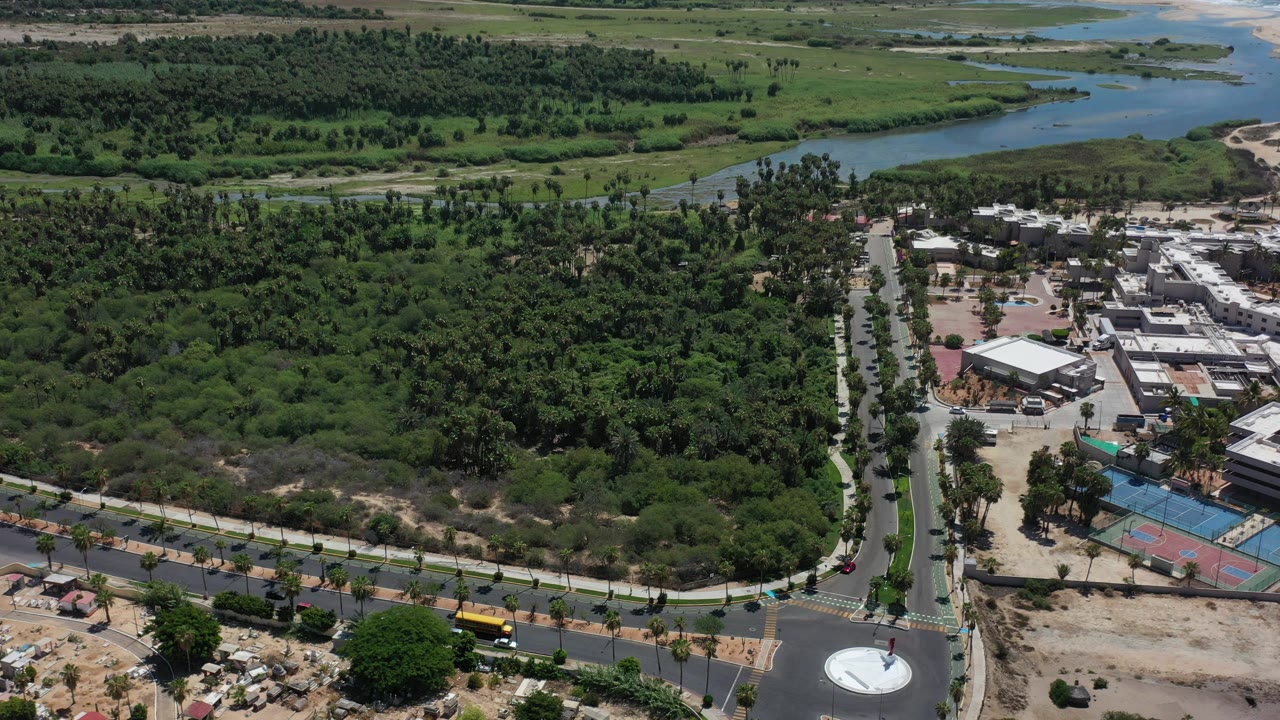 Aerial view of a palm-lined road, roundabout, buildings, greenery, canal, beach, and ocean.