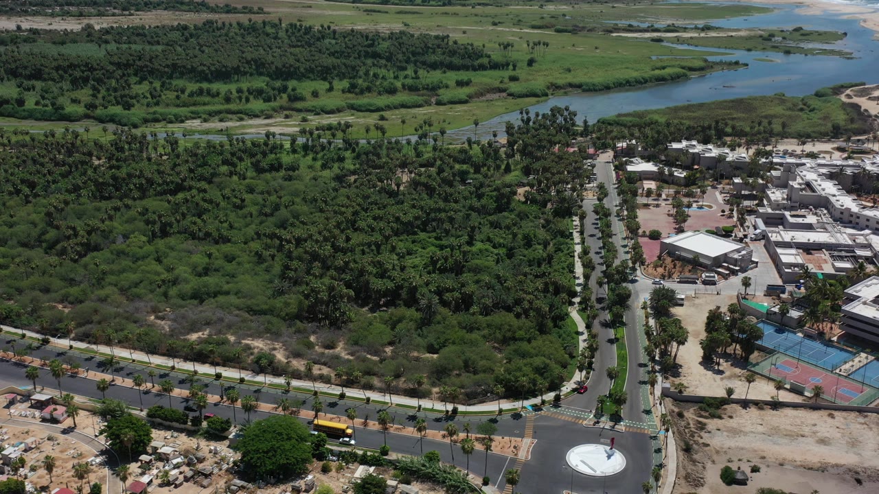 An elevated Los Cabos view holds the road and built area in the lower frame while a wide band of vegetation leads to canal water, sand, and ocean beyond, with no visible people.