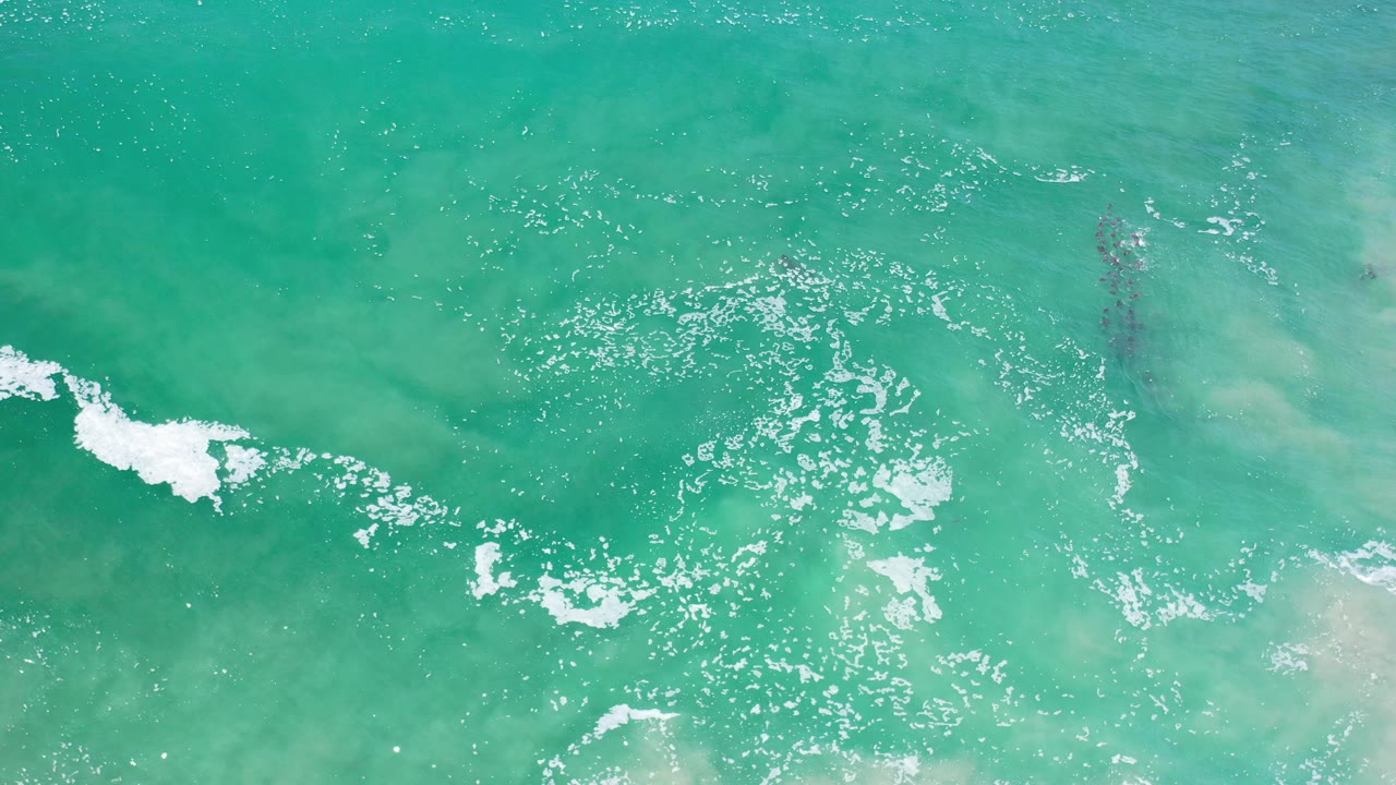 Overhead turquoise water with clustered whitecaps and sandy shallows.