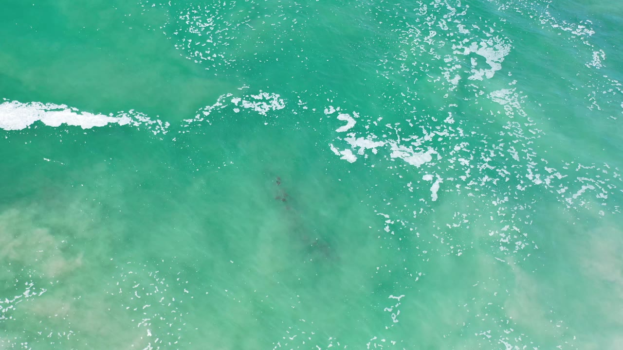 Aerial frame over Los Cabos ocean water, showing bright foam patches across the upper half and milky green water below, with no visible people.