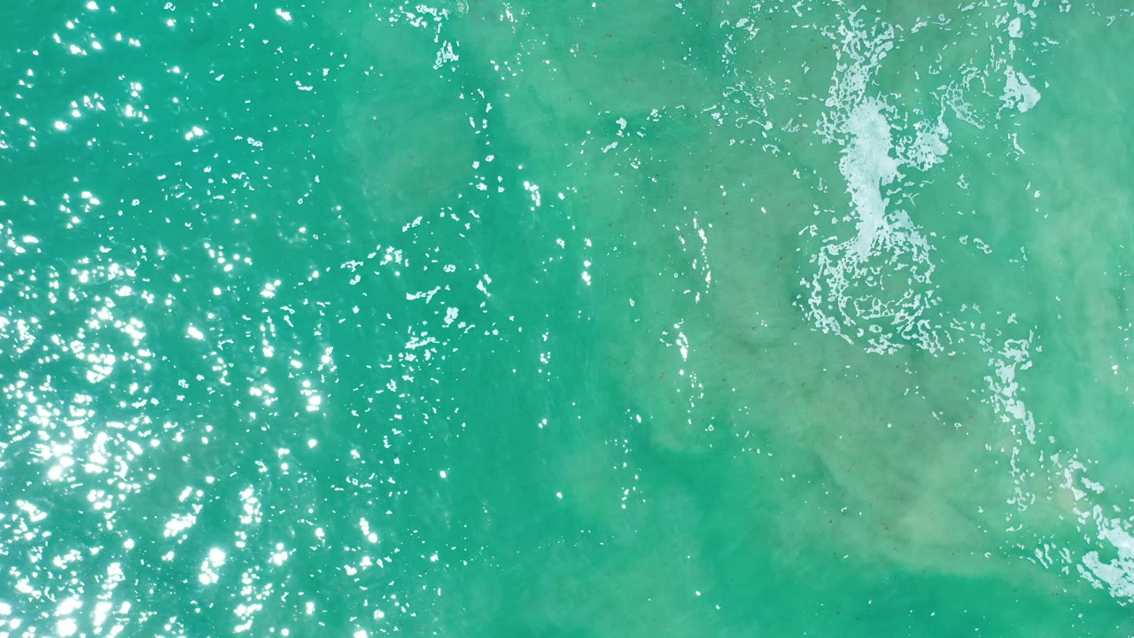 Bird's-eye frame of green ocean water in Los Cabos, Mexico, where a cluster of sun glitter spreads across the left side and a small white froth mark sits near the upper center, with no visible people.