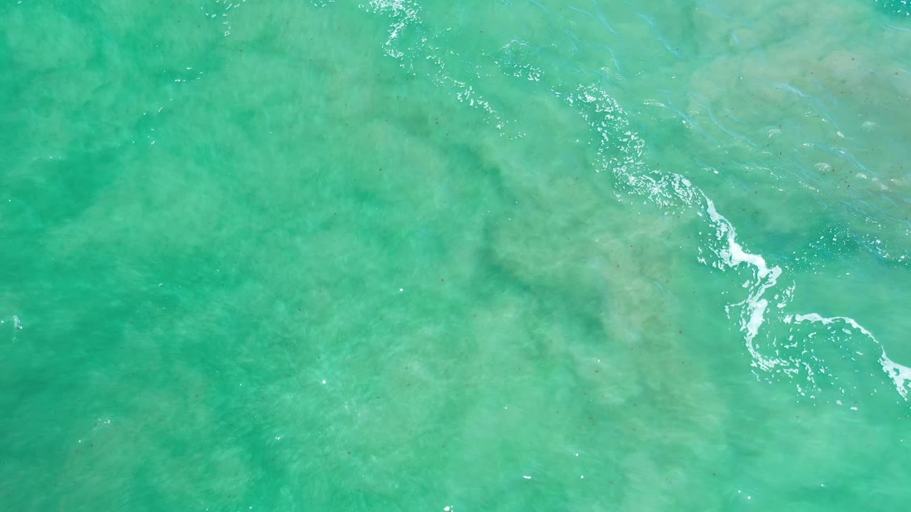 Overhead Los Cabos water frame with green-blue color variation, a curling white foam line near center, soft ripples, and no visible people.