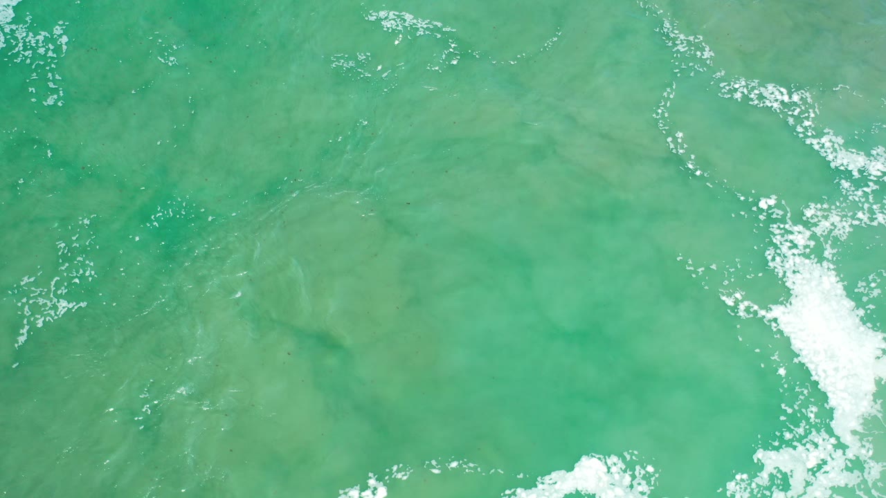 Green shallow ocean water with white foam over a sandy bottom.