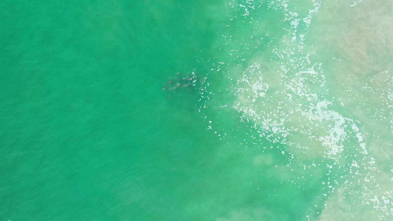 Aerial view over green water in Los Cabos, Mexico, with bright sun reflections near the right side and no visible people.