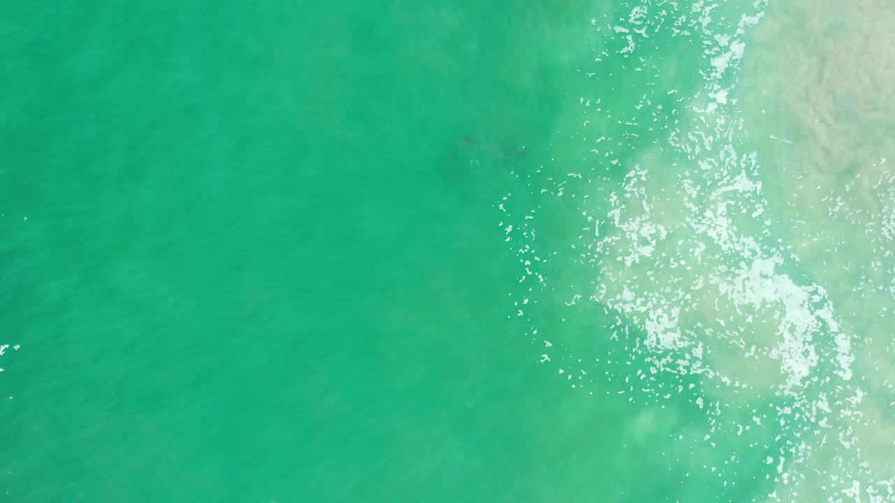 Overhead Los Cabos water surface with a vertical band of white foam flecks, pale sandy wash at the right edge, and no visible people.