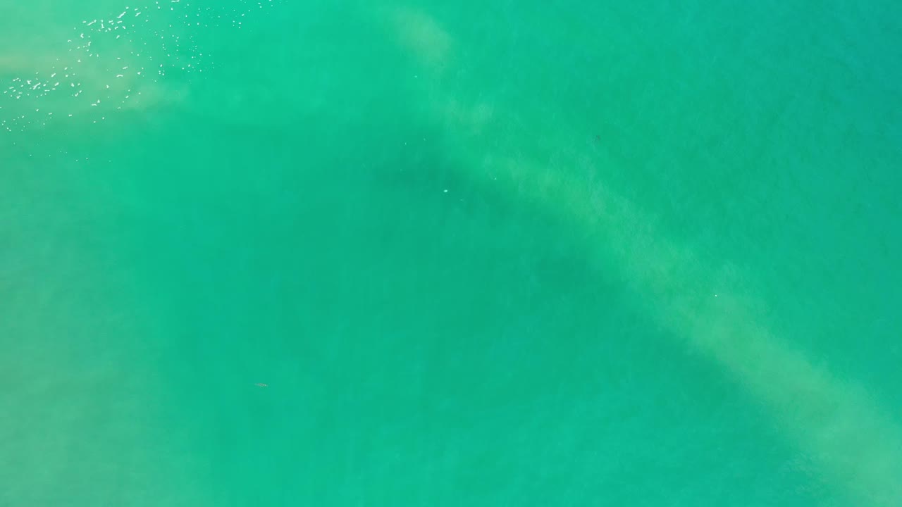 Top-down view of turquoise shallow water in Los Cabos, Mexico, with faint pale sand-colored streaks under the surface and no visible people.
