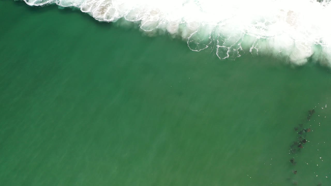 Overhead view of green ocean water in Los Cabos, Mexico, with white surf breaking across the top edge and no visible people.