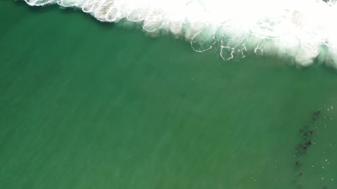 Aerial frame of Los Cabos green water with a broad white wave band at the top and scattered dark underwater patches near center right, no visible people.