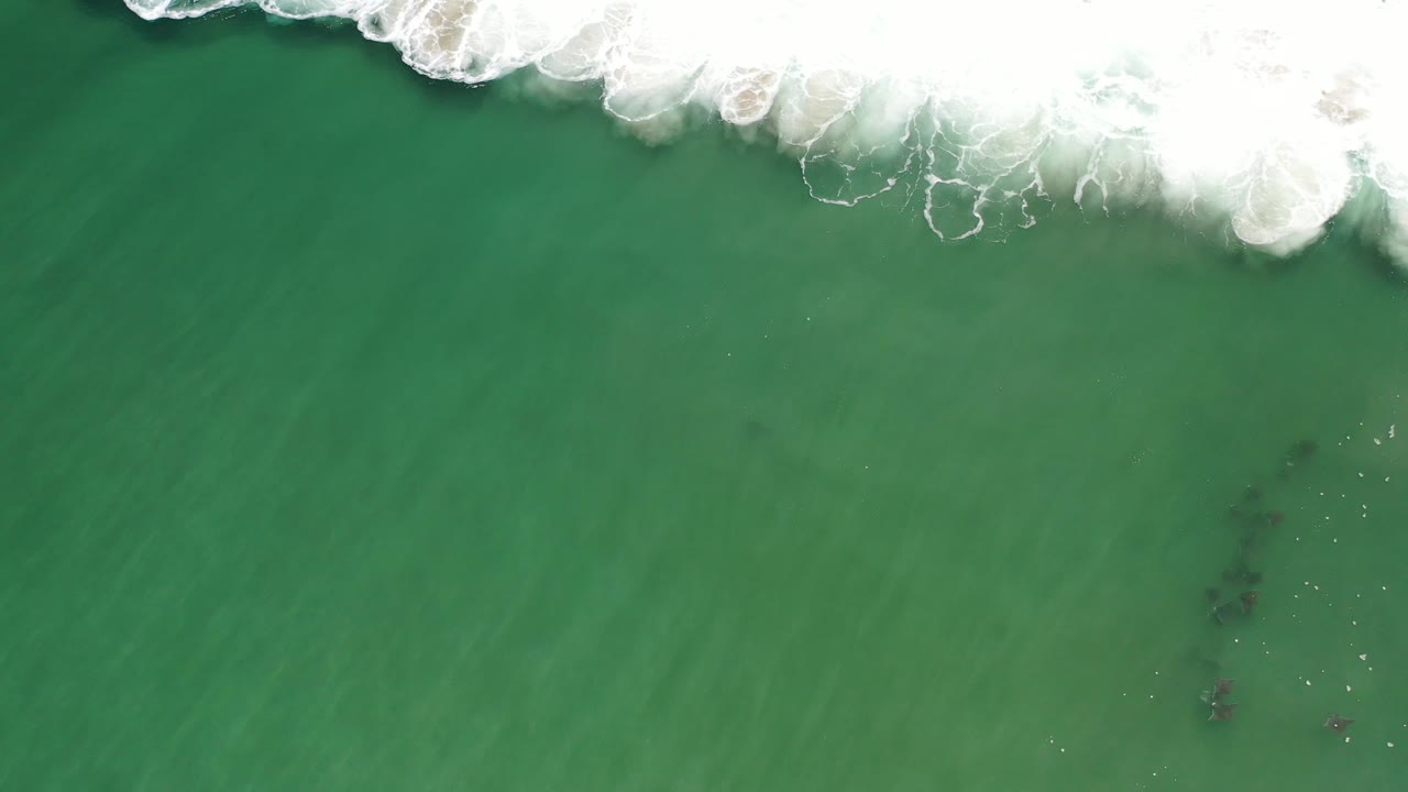 Green coastal water with surf and small bright surface specks