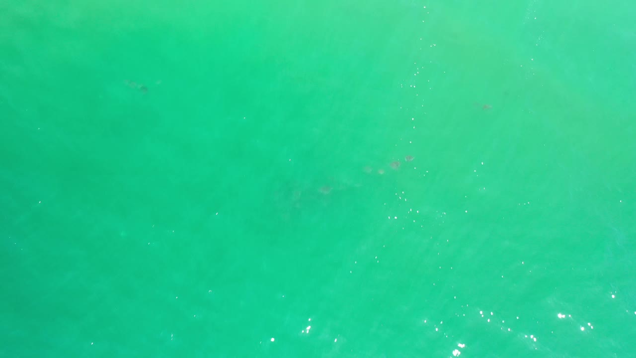 Second overhead frame of Los Cabos, Mexico water showing a smoother turquoise field, small ripples, bright surface reflections, and no visible people.