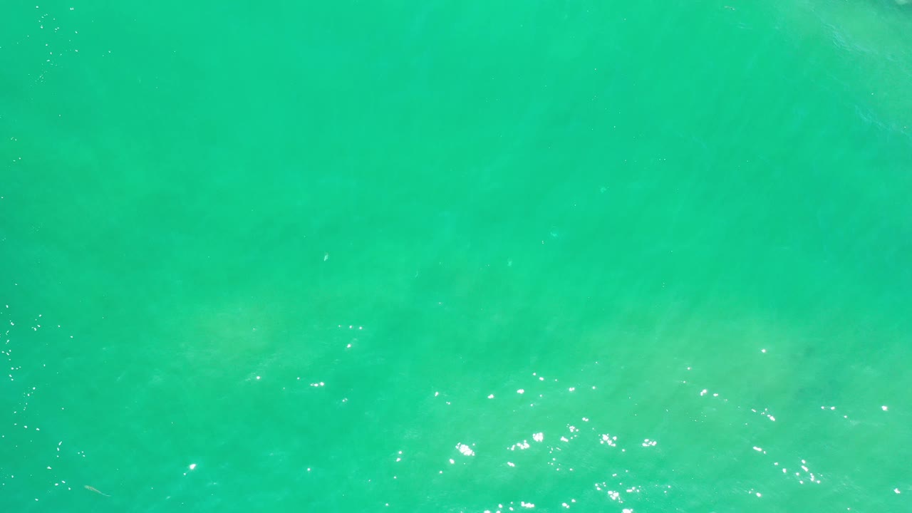 Overhead view of greenish blue water in Los Cabos, Mexico, with faint ripples and scattered sun reflections, no visible people.