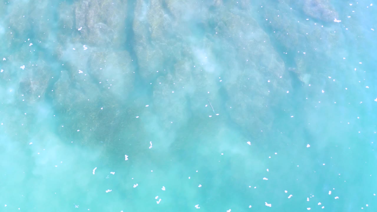 Overhead view of teal ocean water in Los Cabos, Mexico, with scattered white foam flecks and no visible people.