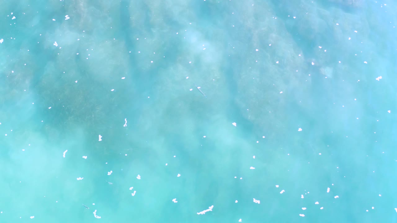 Overhead Los Cabos sea surface with a denser scatter of small white foam marks across blue-green water and no visible people.