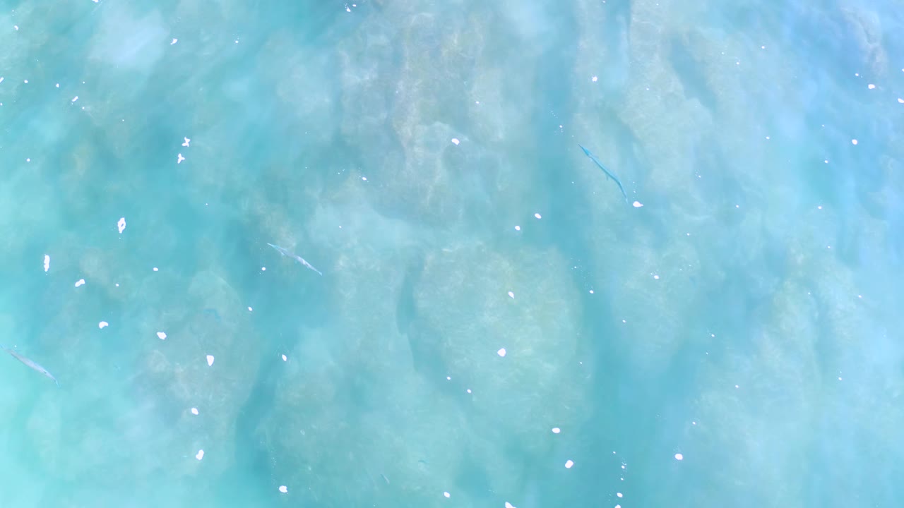 Overhead Los Cabos water frame with blue-green tones, faint diagonal streaks, small bright specks on the surface, and no visible people.